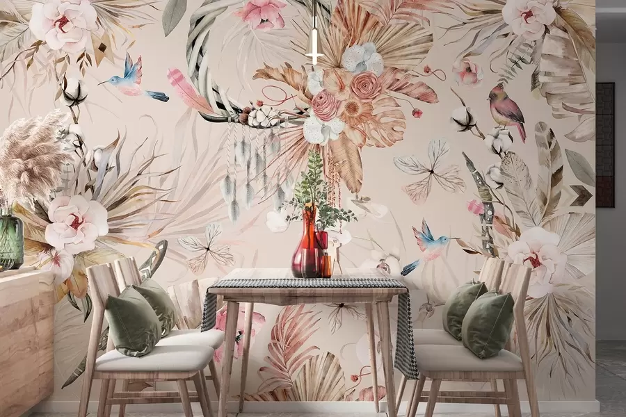 Papier peint Ornement de style boho avec des fleurs de pivoine et des oiseaux, style aquarelle, couleurs douces w03885v3