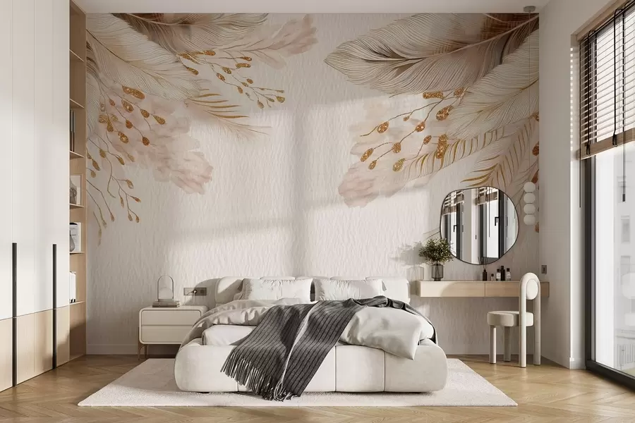 Papier peint Herbe de la pampa et plumes à l'aquarelle en beige et blanc sur papier w09079