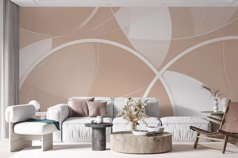 Papier peint Abstraction géométrique dans les tons beige et rose avec des cercles et des demi-cercles w09085
