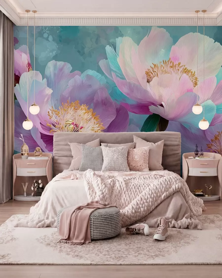 Papier peint Pivoines colorées dans les tons bleus et violets w09087