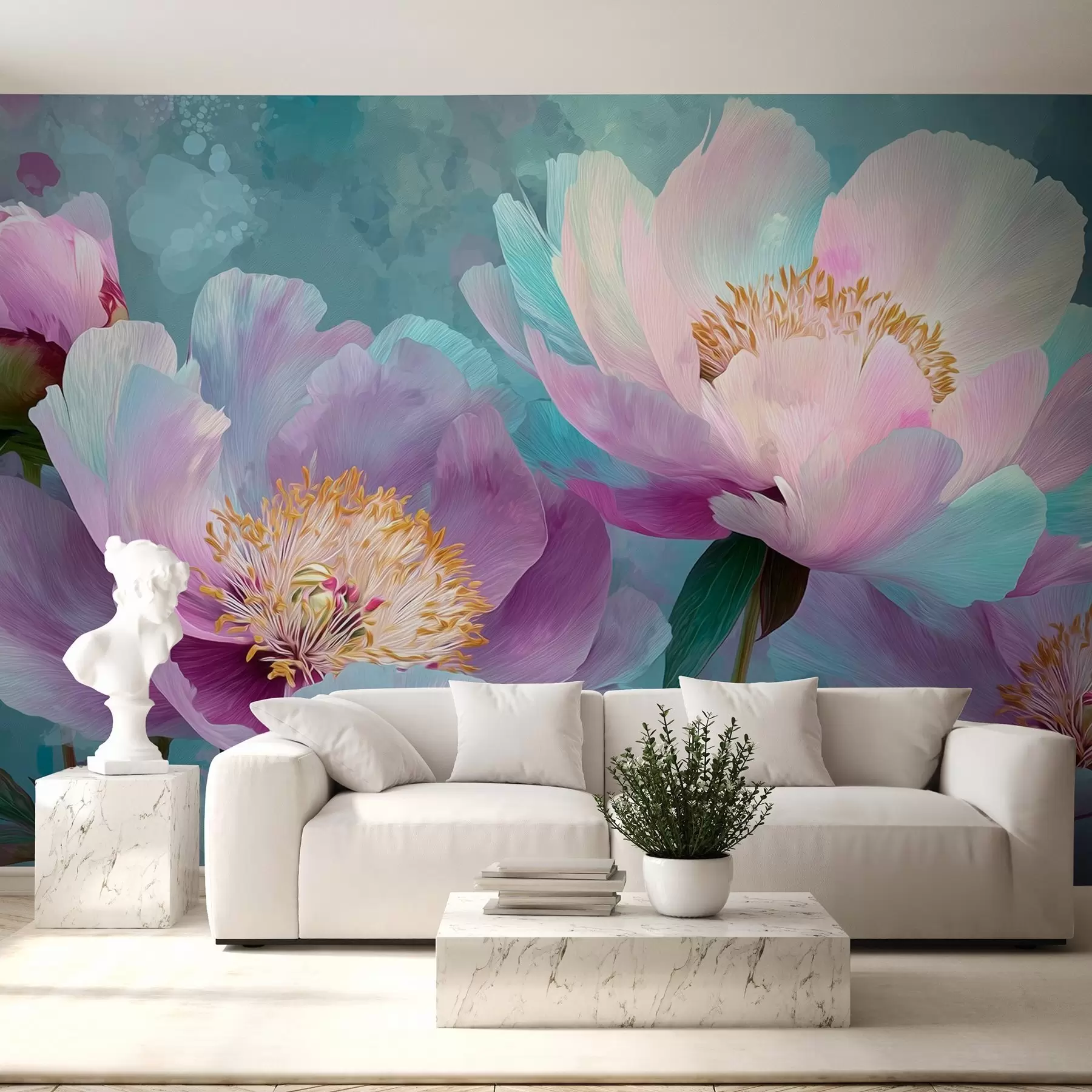 Papier peint Pivoines colorées dans les tons bleus et violets w09087