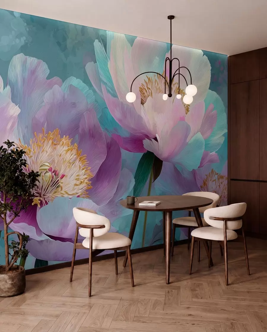 Papier peint Pivoines colorées dans les tons bleus et violets w09087