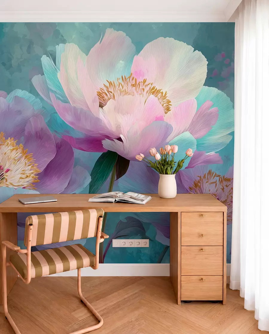 Papier peint Pivoines colorées dans les tons bleus et violets w09087