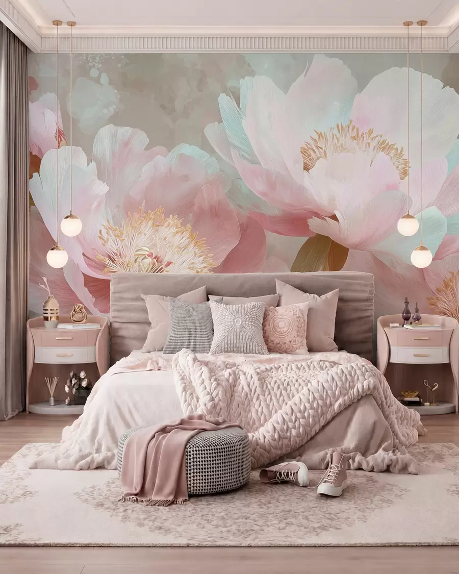 Papier peint Pivoines délicates dans les tons roses et beiges w09087v1