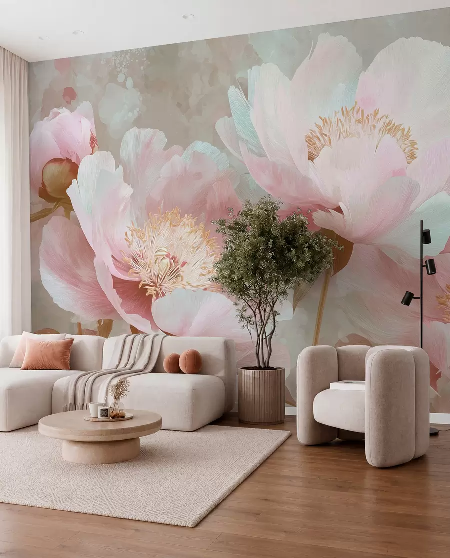 Papier peint Pivoines délicates dans les tons roses et beiges w09087v1