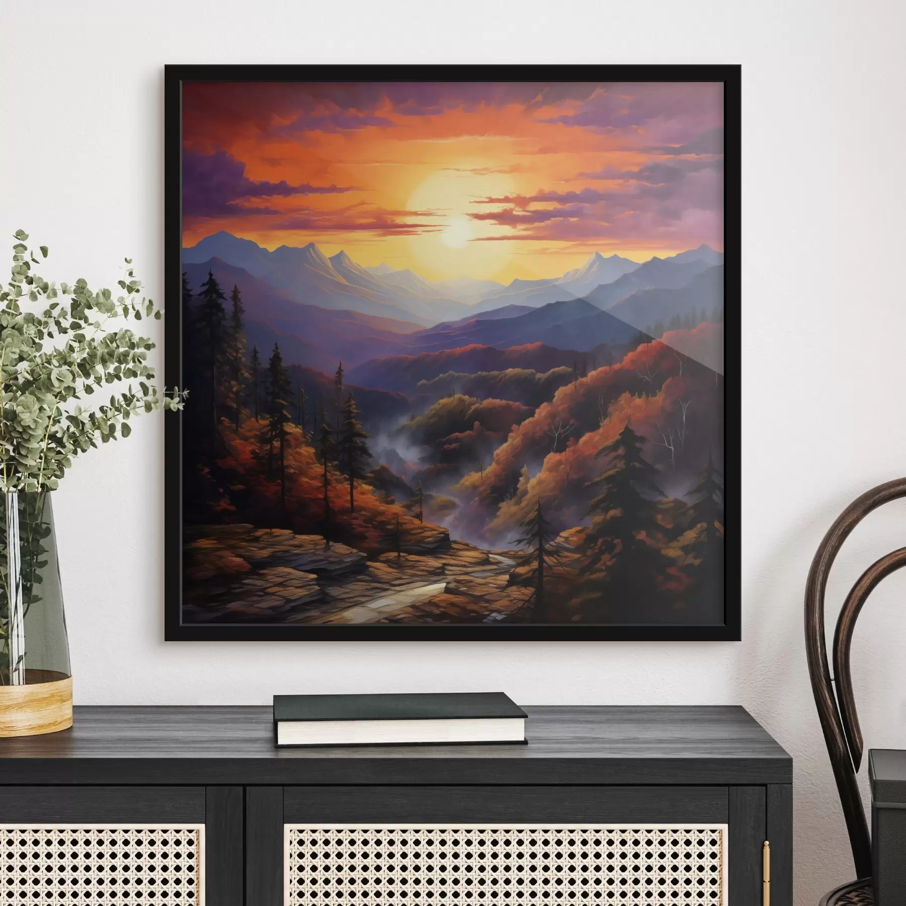 Papier peint Forêt et montagnes au coucher du soleil f44045