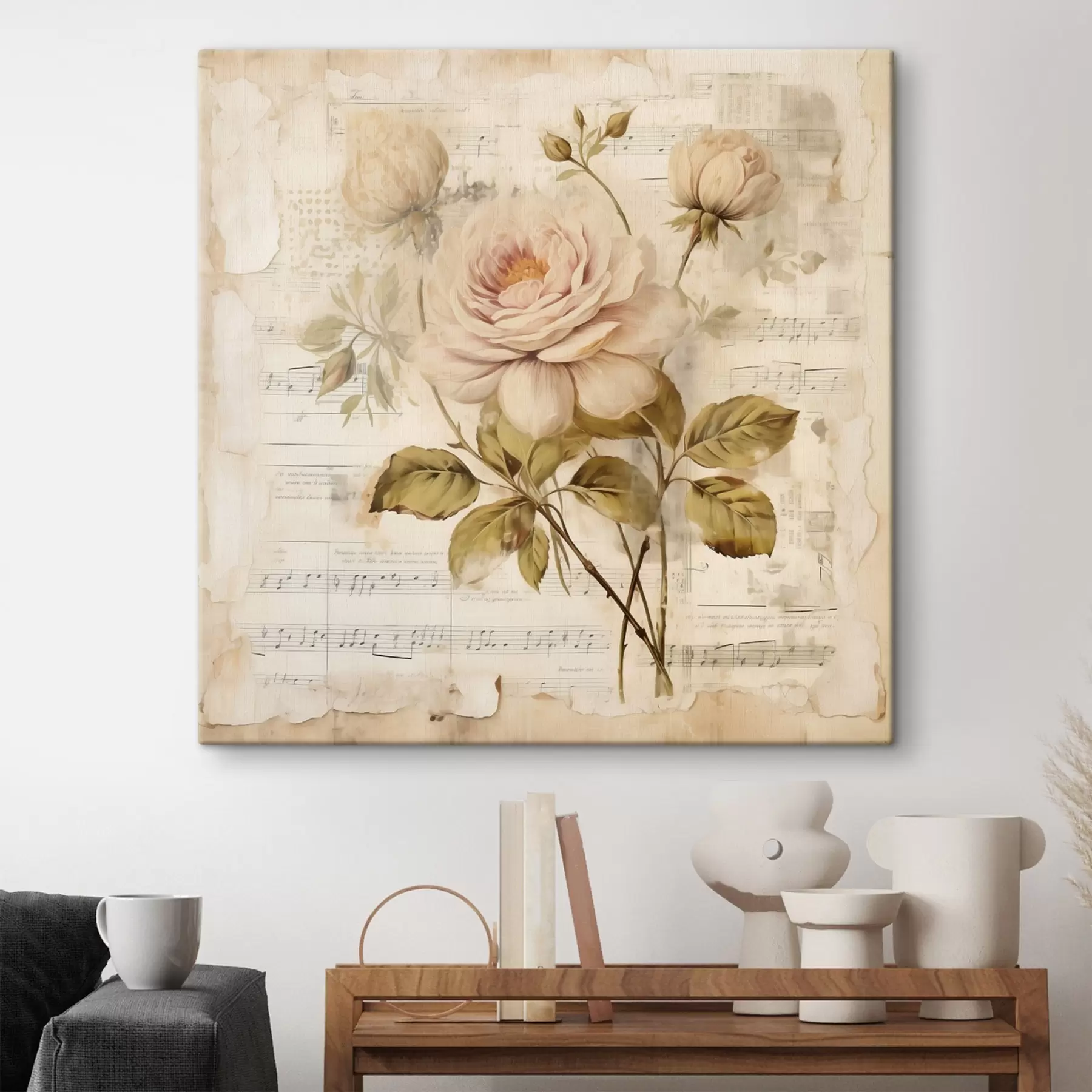 Tableau Composition vintage de roses sur fond de vieilles notes s44247