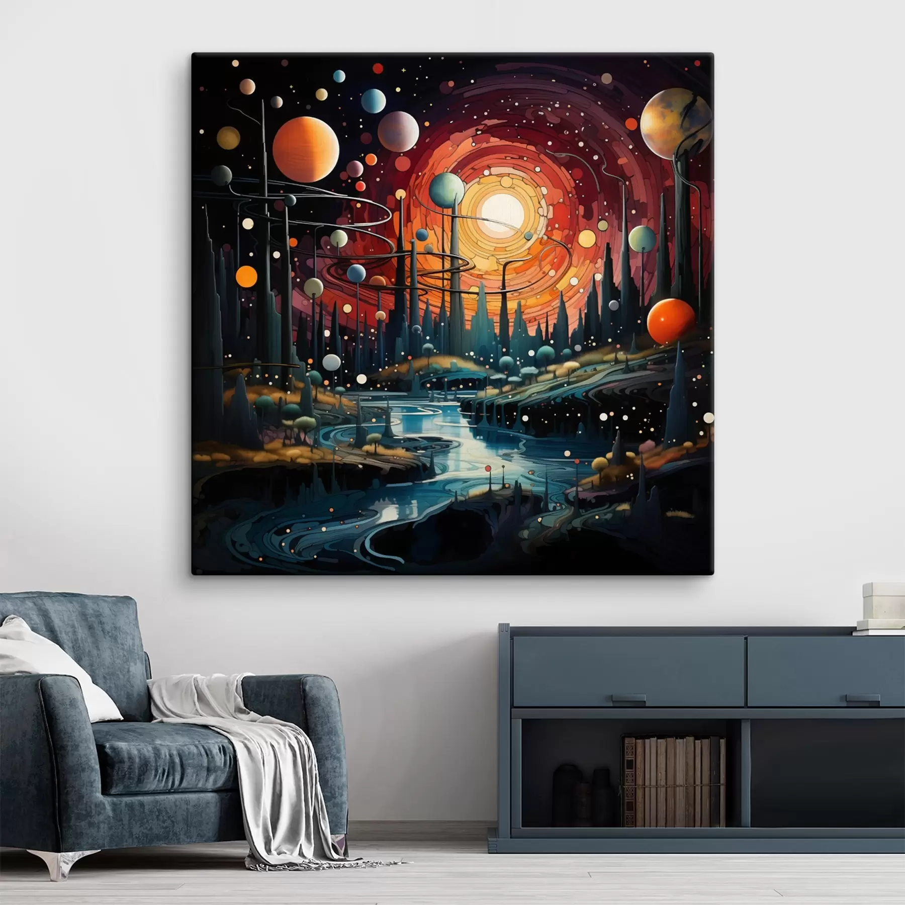 Papier peint Paysage lumineux et fantastique d'un monde extraterrestre avec des planètes et une rivière s44249