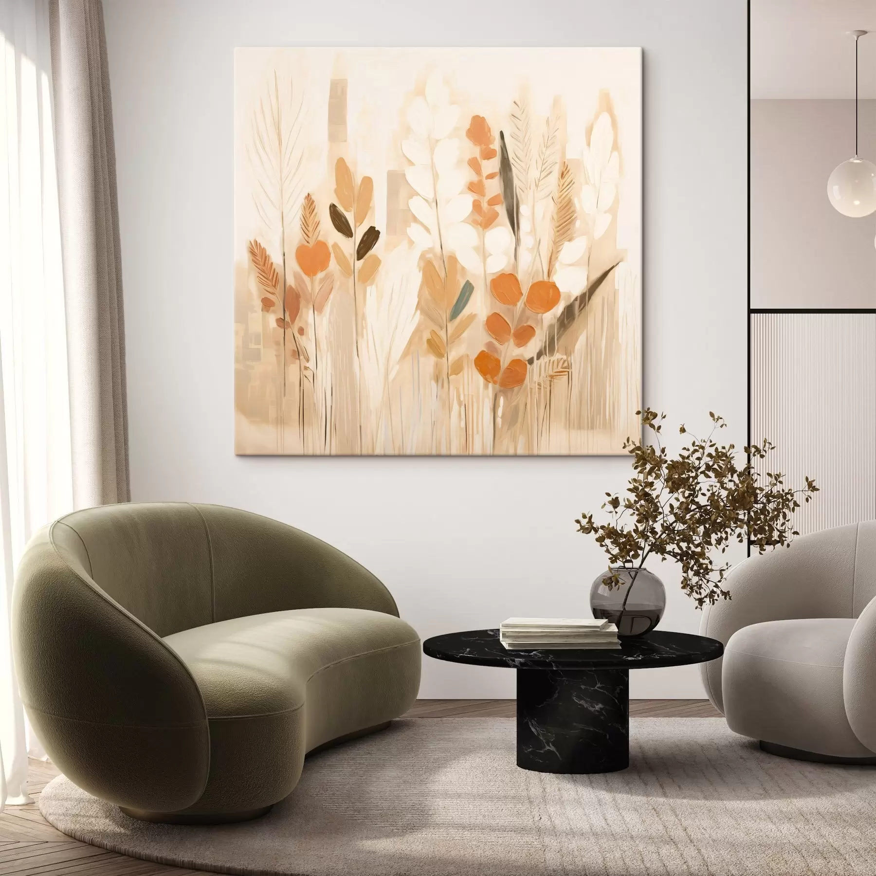 Tableau Abstraction chaleureuse avec des herbes et des fleurs dans une palette beige-orange dans le style Art nouveau s44252