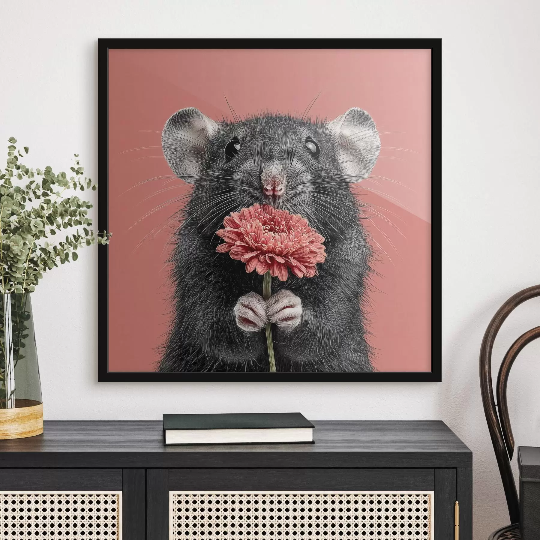 Papier peint Rat curieux avec un gerbera rose dans un style minimaliste f44241