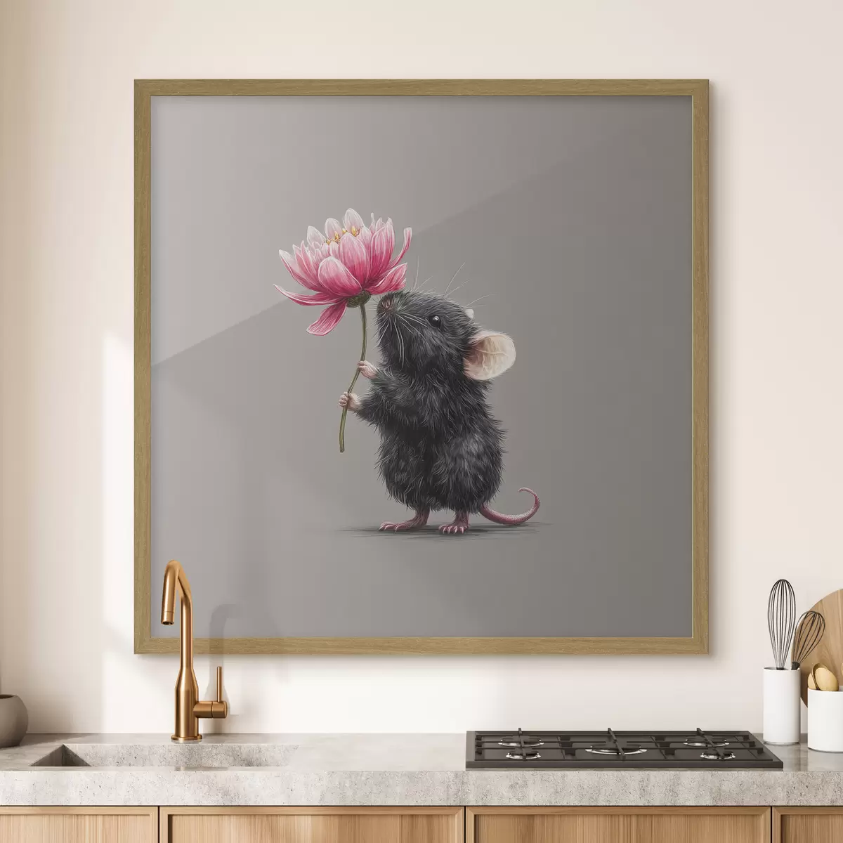 Poster Charmante souris respirant l'arôme d'une pivoine rose f44248