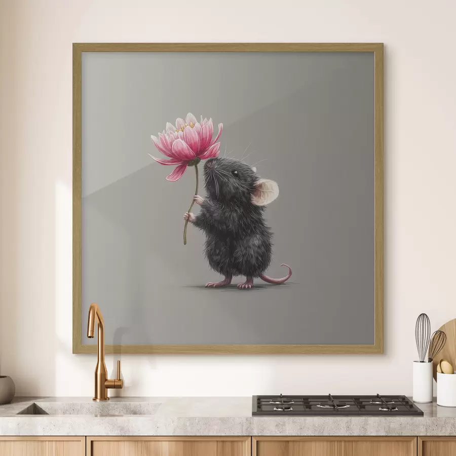 Papier peint Charmante souris respirant l'arôme d'une pivoine rose f44248