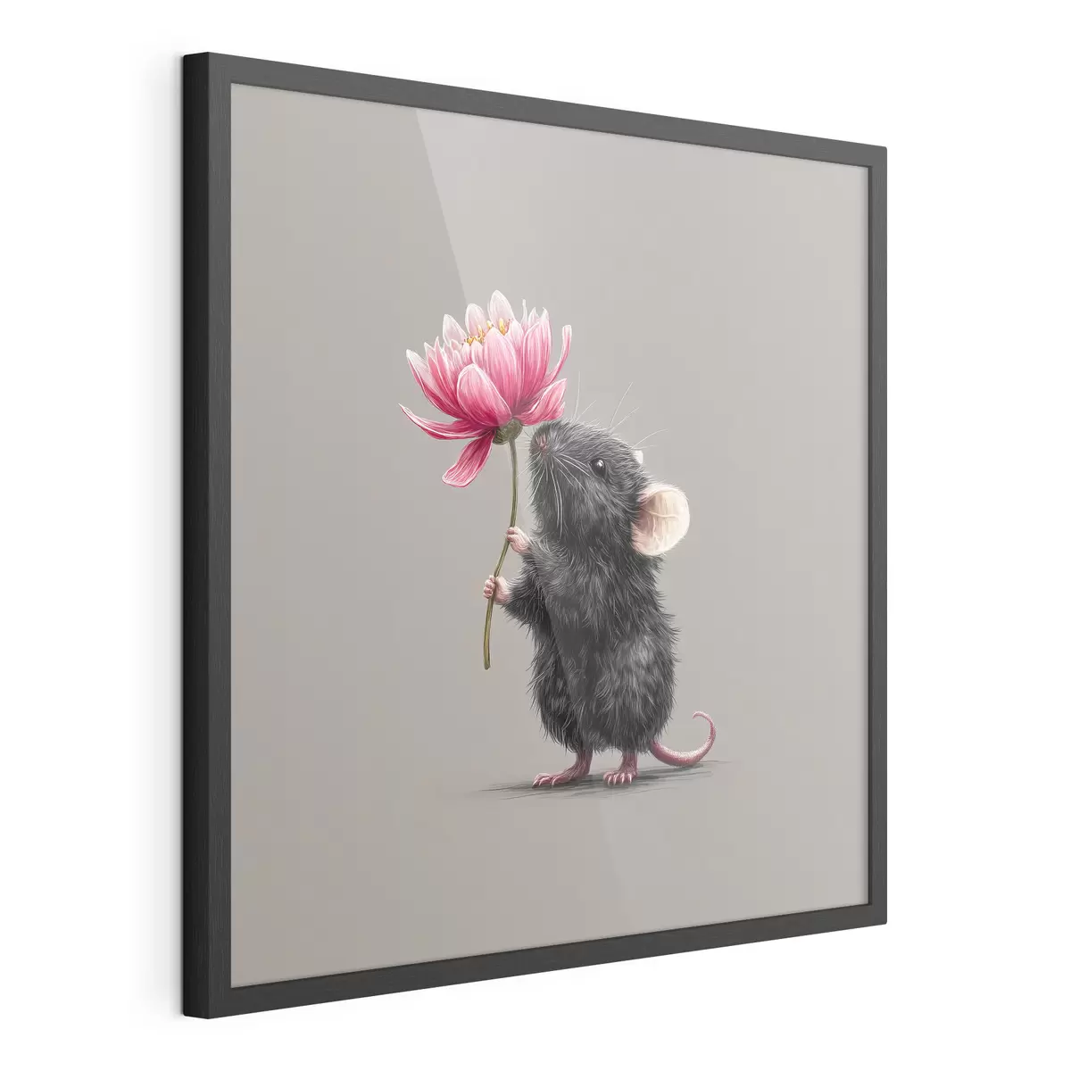 Poster Charmante souris respirant l'arôme d'une pivoine rose f44248