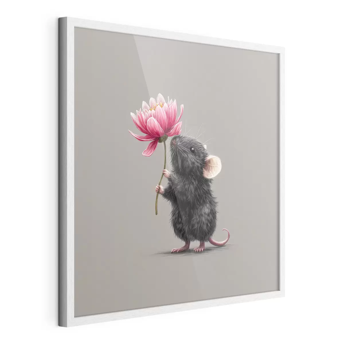 Poster Charmante souris respirant l'arôme d'une pivoine rose f44248