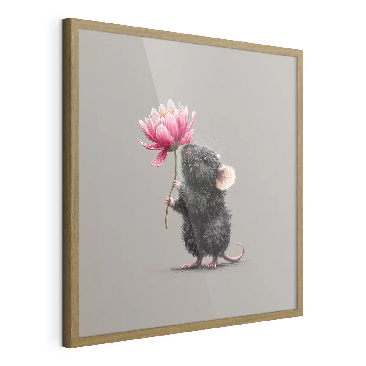 Poster Charmante souris respirant l'arôme d'une pivoine rose f44248
