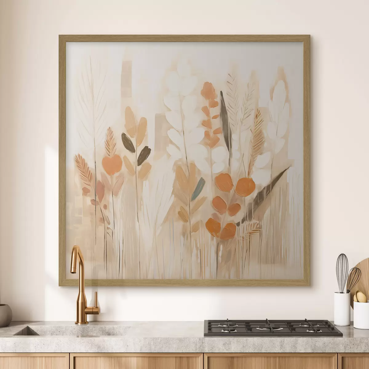 Poster Abstraction chaleureuse avec des herbes et des fleurs dans une palette beige-orange dans le style Art nouveau f44252
