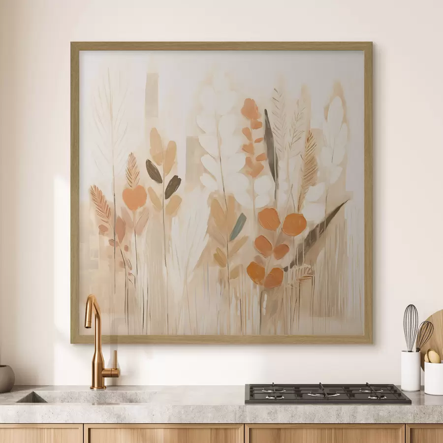 Papier peint Abstraction chaleureuse avec des herbes et des fleurs dans une palette beige-orange dans le style Art nouveau f44252