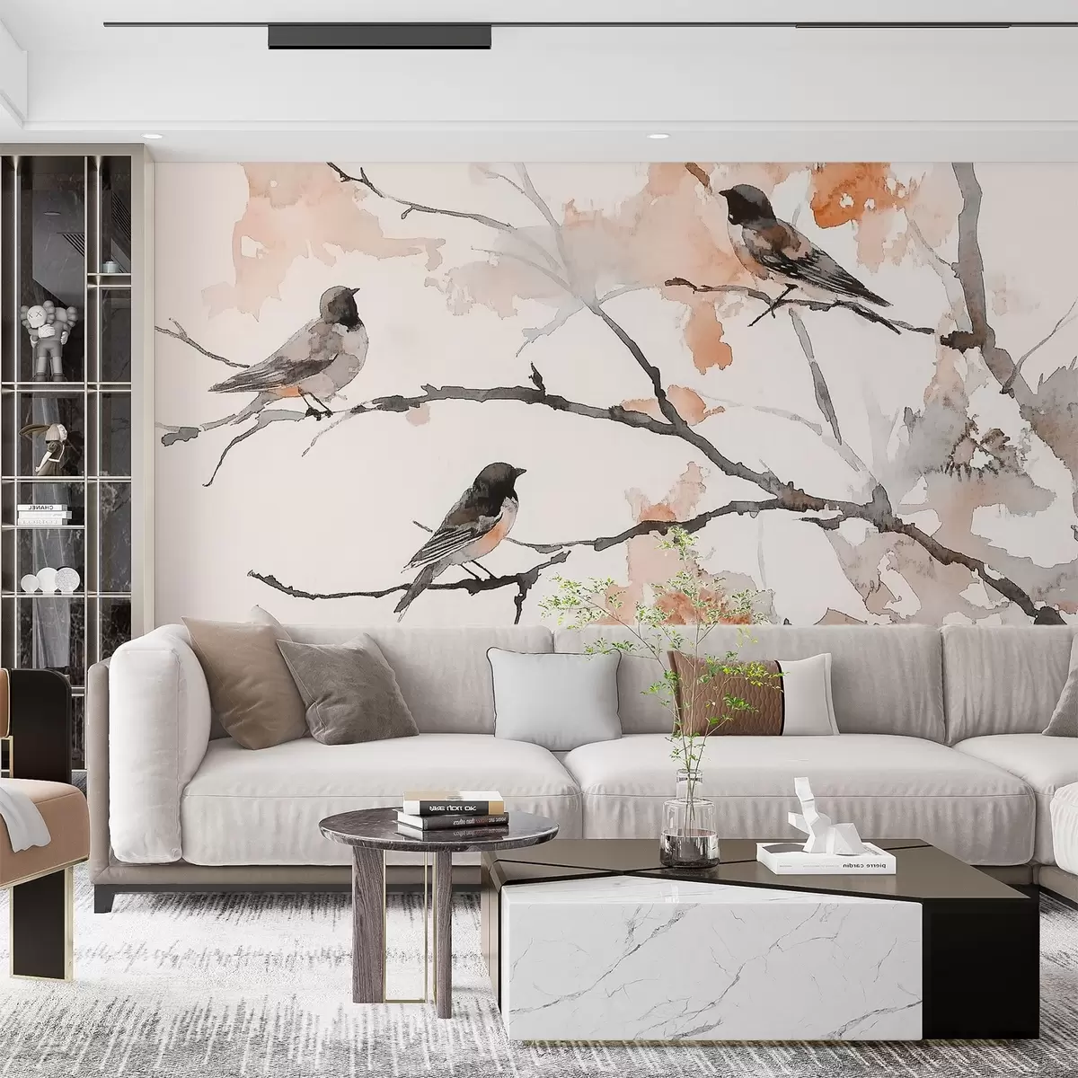 Papier peint Oiseaux sur des branches d'arbre en style aquarelle w09064v2