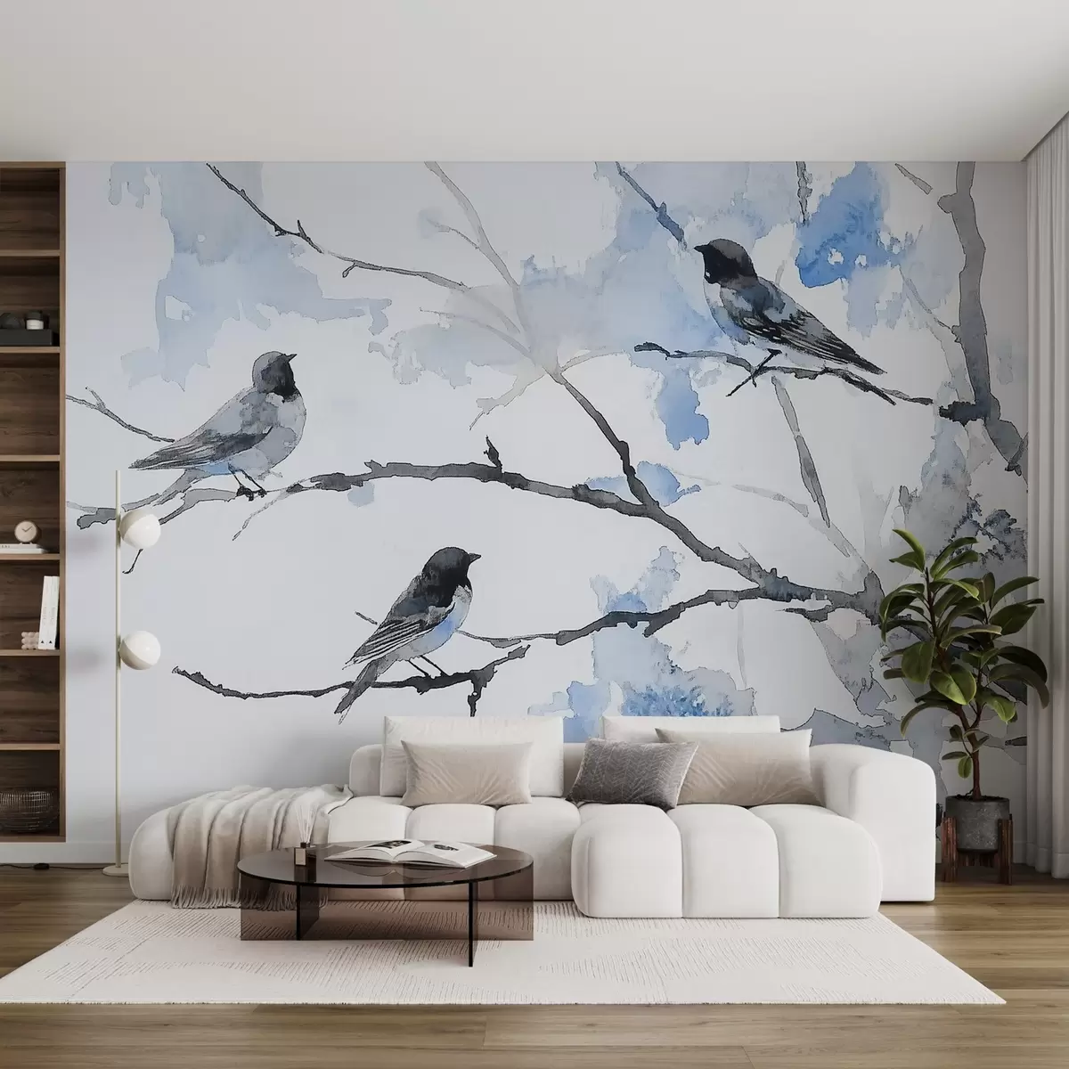 Papier peint Oiseaux sur des branches d'arbre en style aquarelle w09064v4