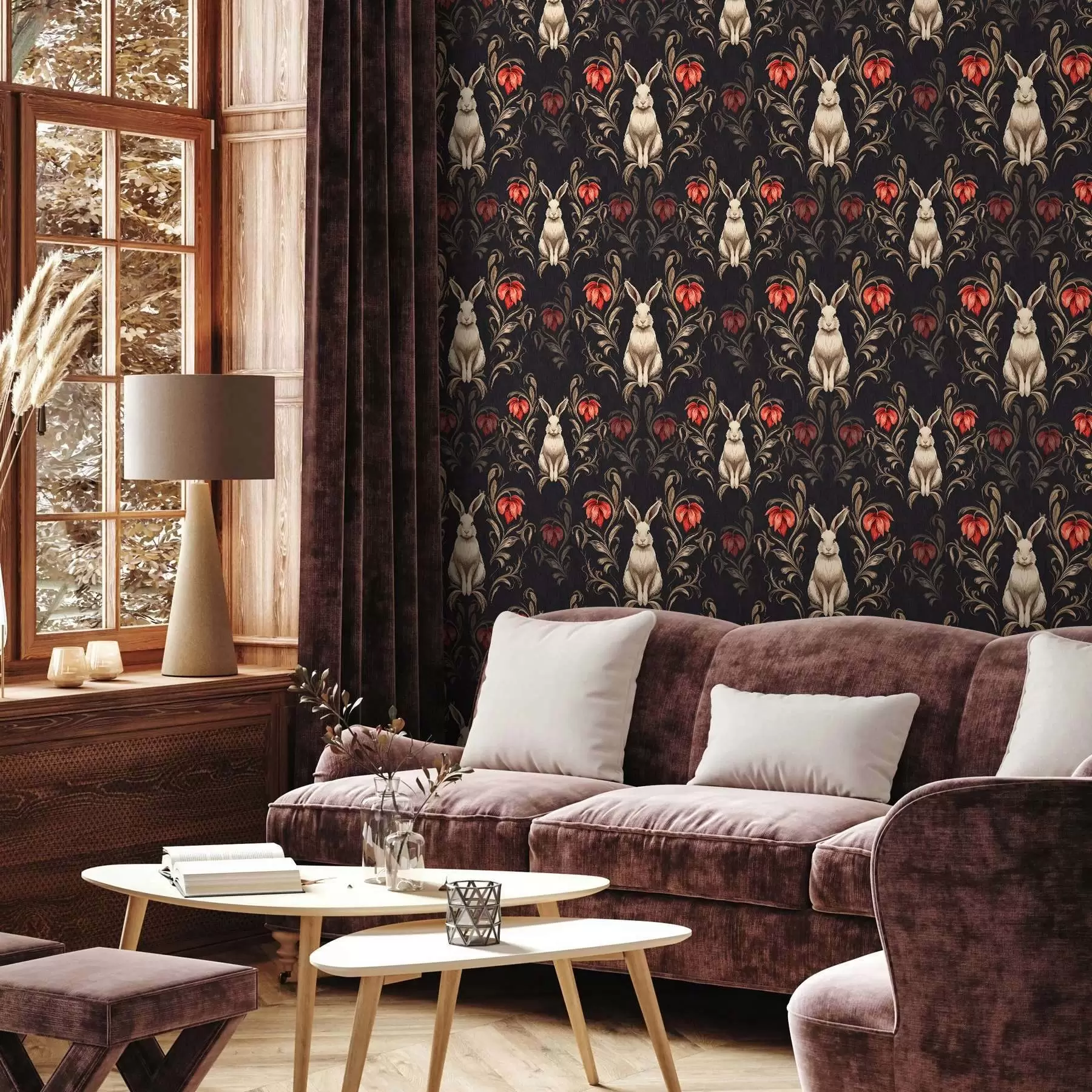 Papier peint Lièvre et fleurs rouges sur fond sombre a00102