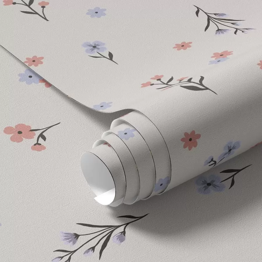 Papier peint Petites fleurs dans les tons rose pâle et bleu sur fond crème a00110
