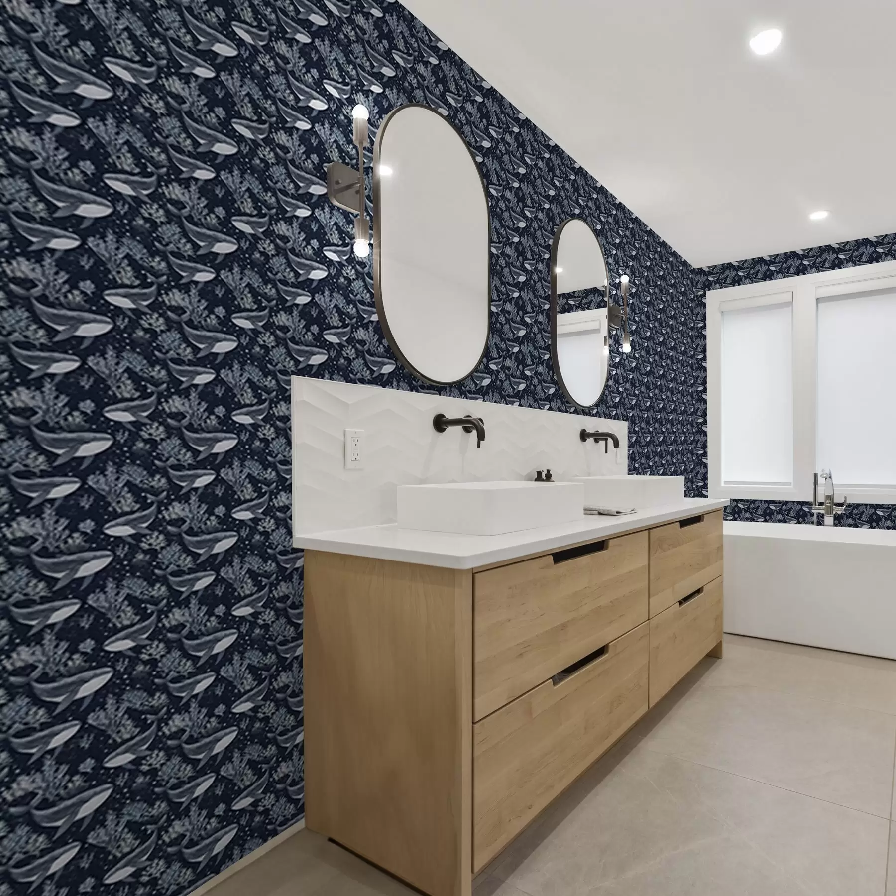 Papier peint Baleines et coraux sur fond bleu foncé a00116v1