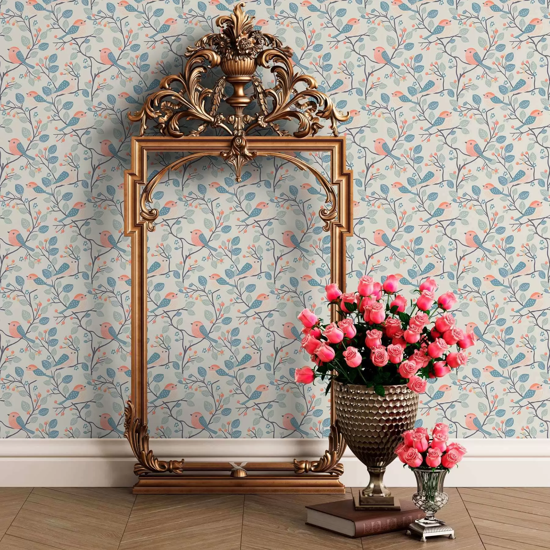 Papier peint Oiseaux et brindilles pastel sur fond clair a00128