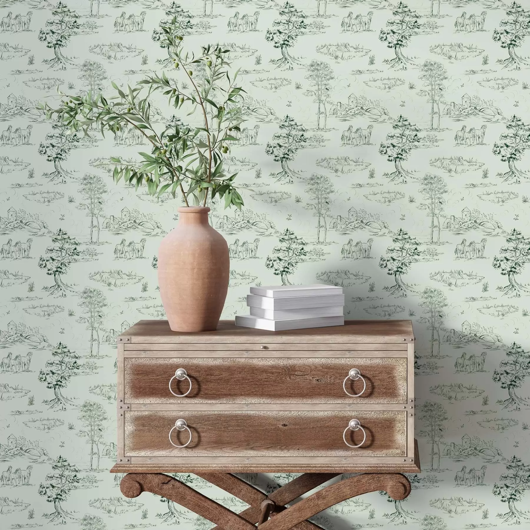 Papier peint Scène avec chevaux, arbres et château sur fond vert a00133v1