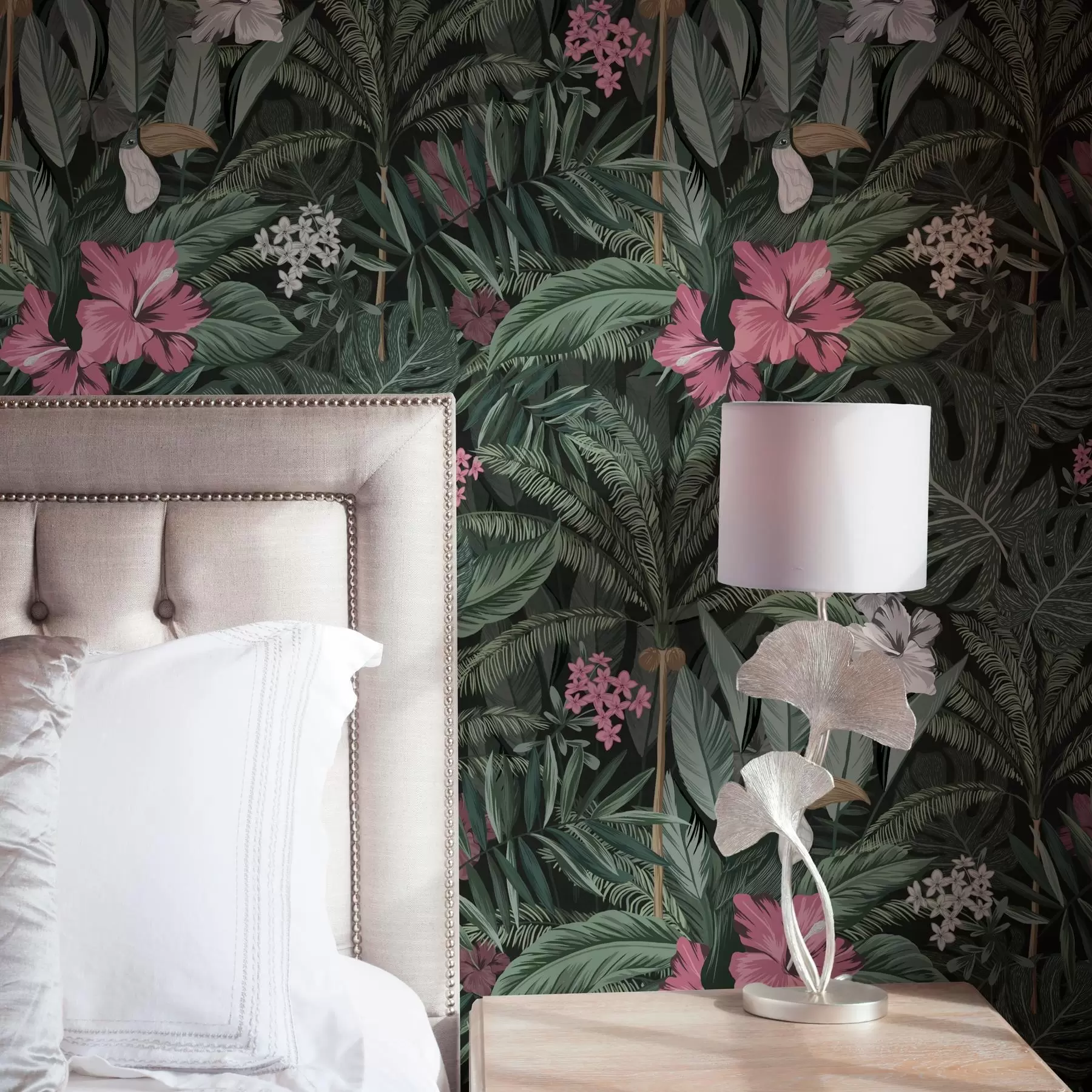 Papier peint Feuilles tropicales et oiseau sur fond sombre a00140