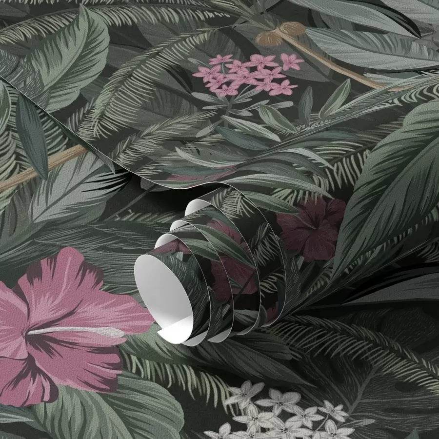 Papier peint Feuilles tropicales et oiseau sur fond sombre a00140