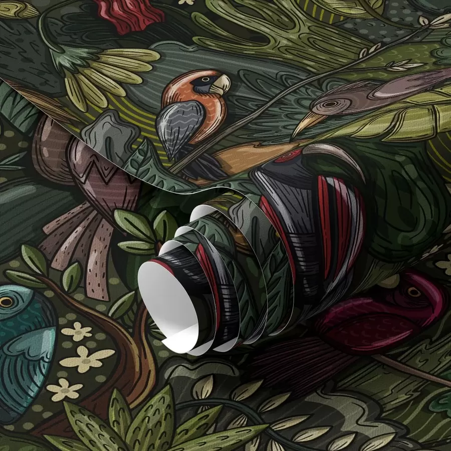 Papier peint Oiseaux exotiques dans la jungle dans le style d'une gravure a00157