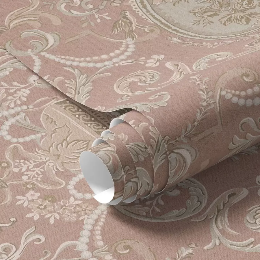 Papier peint Ornement baroque avec fleurs sur fond rose a00160