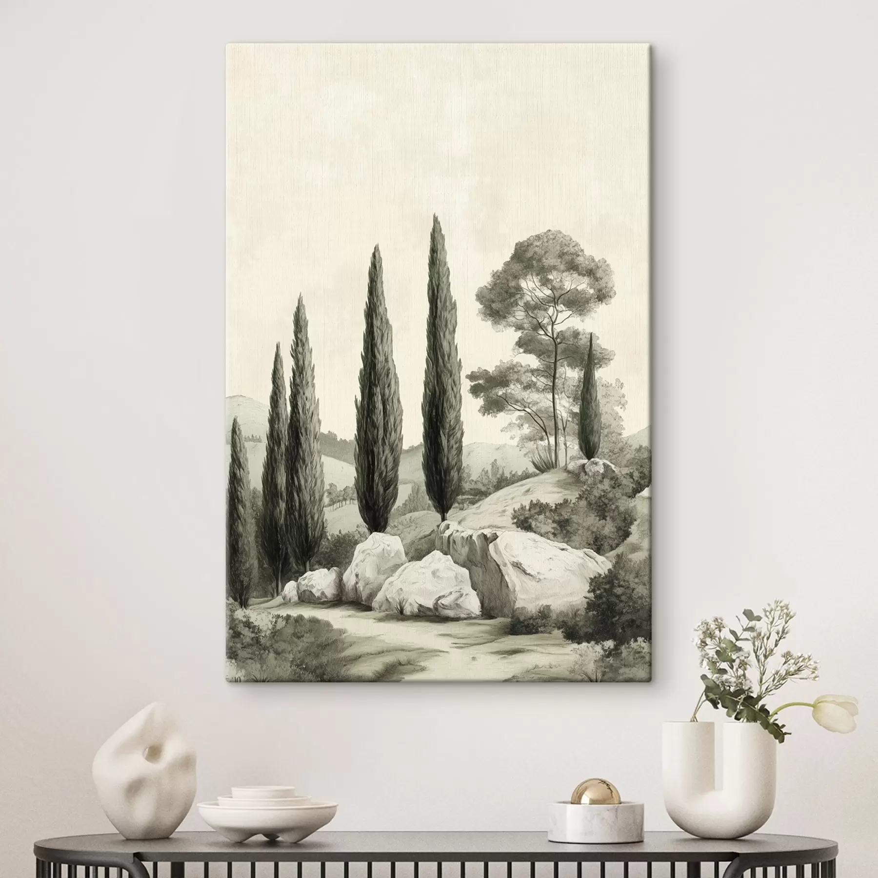 Tableau Paysages de Toscane, couleurs pastel, cyprès, rochers, style rustique s44307