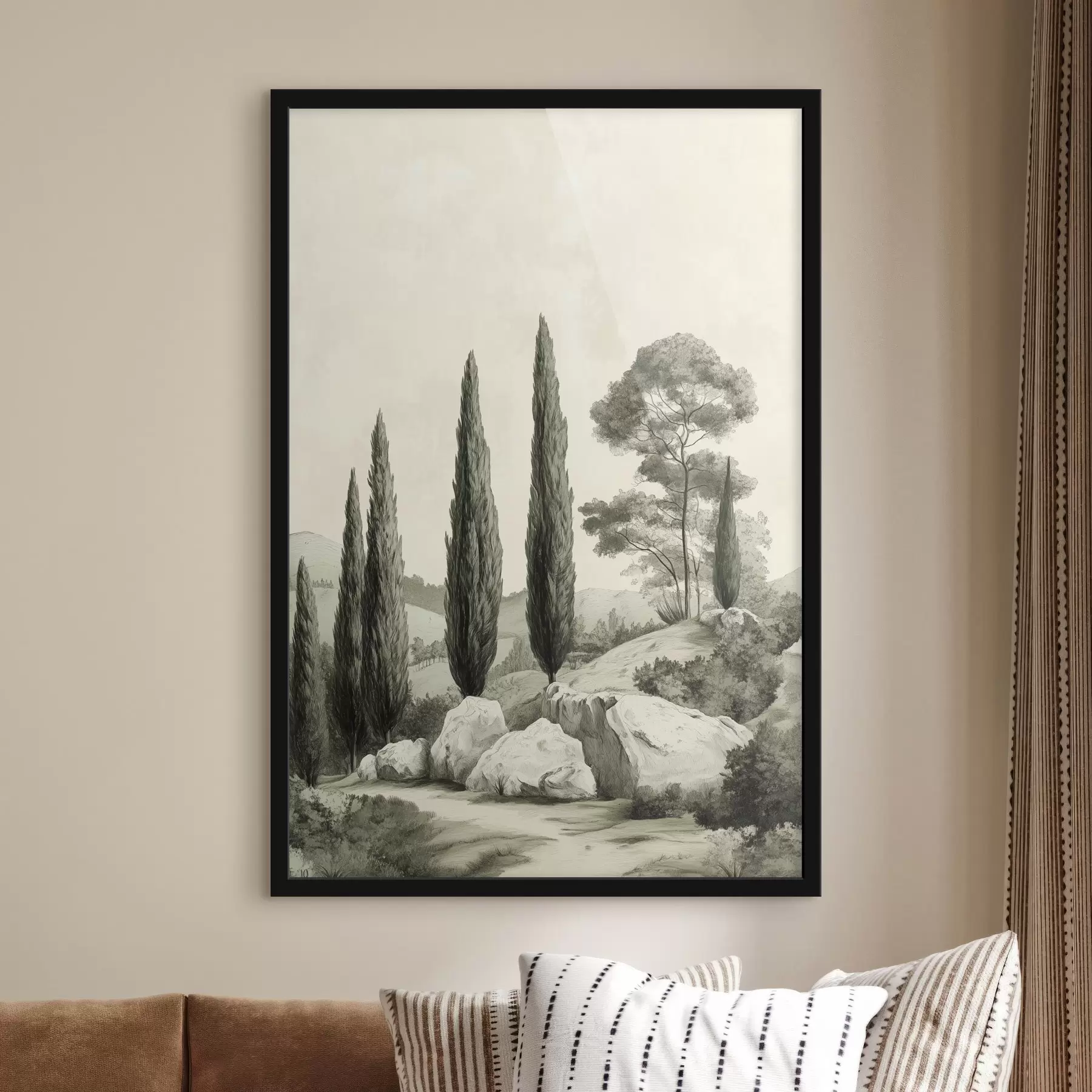 Papier peint Paysages de Toscane, couleurs pastel, cyprès, rochers, style rustique f44307