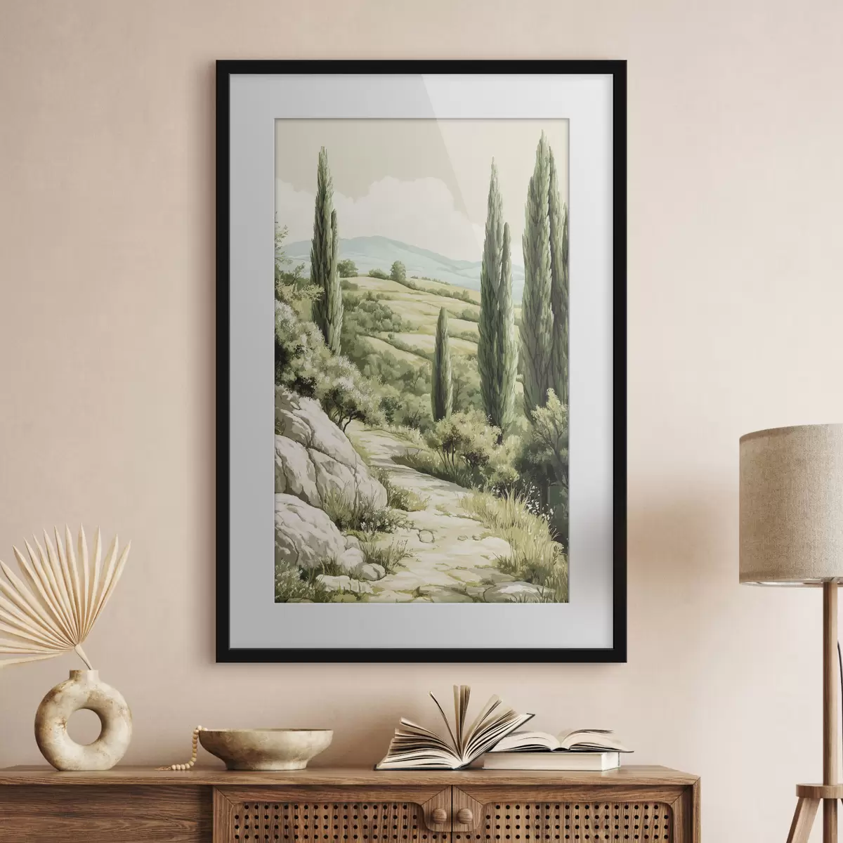 Poster Paysages d'été avec cyprès et collines verdoyantes, style rustique f44308