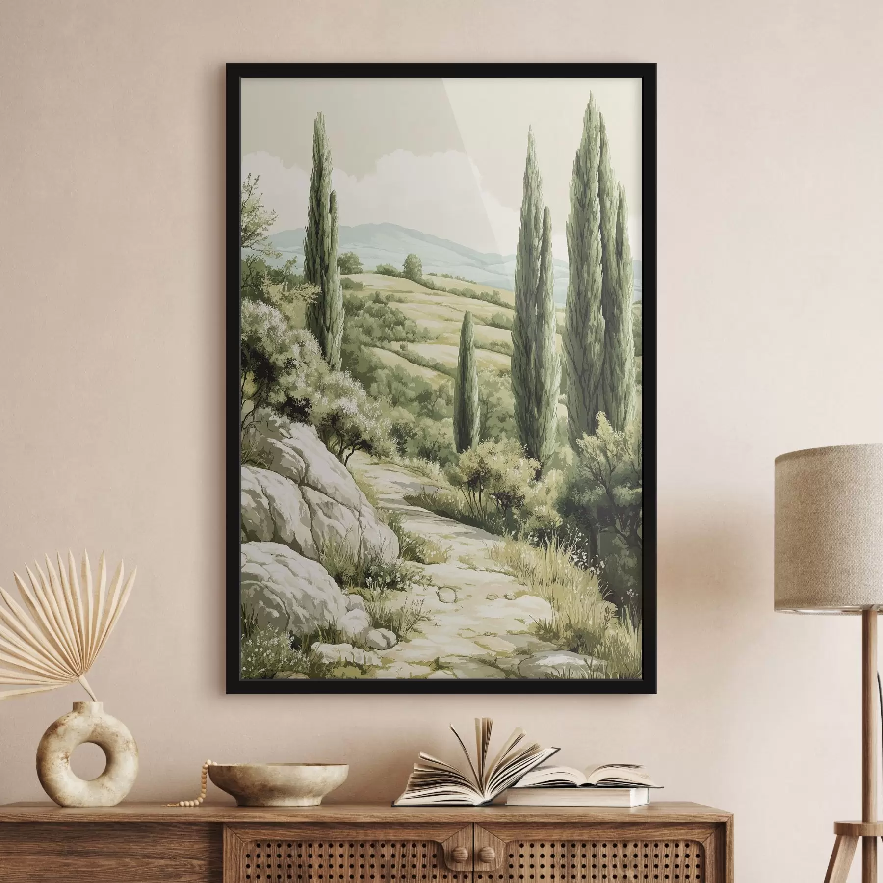 Papier peint Paysages d'été avec cyprès et collines verdoyantes, style rustique f44308