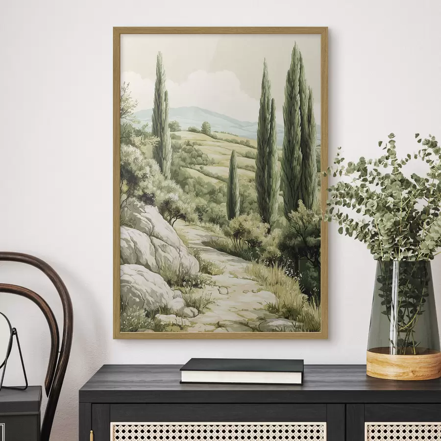 Papier peint Paysages d'été avec cyprès et collines verdoyantes, style rustique f44308