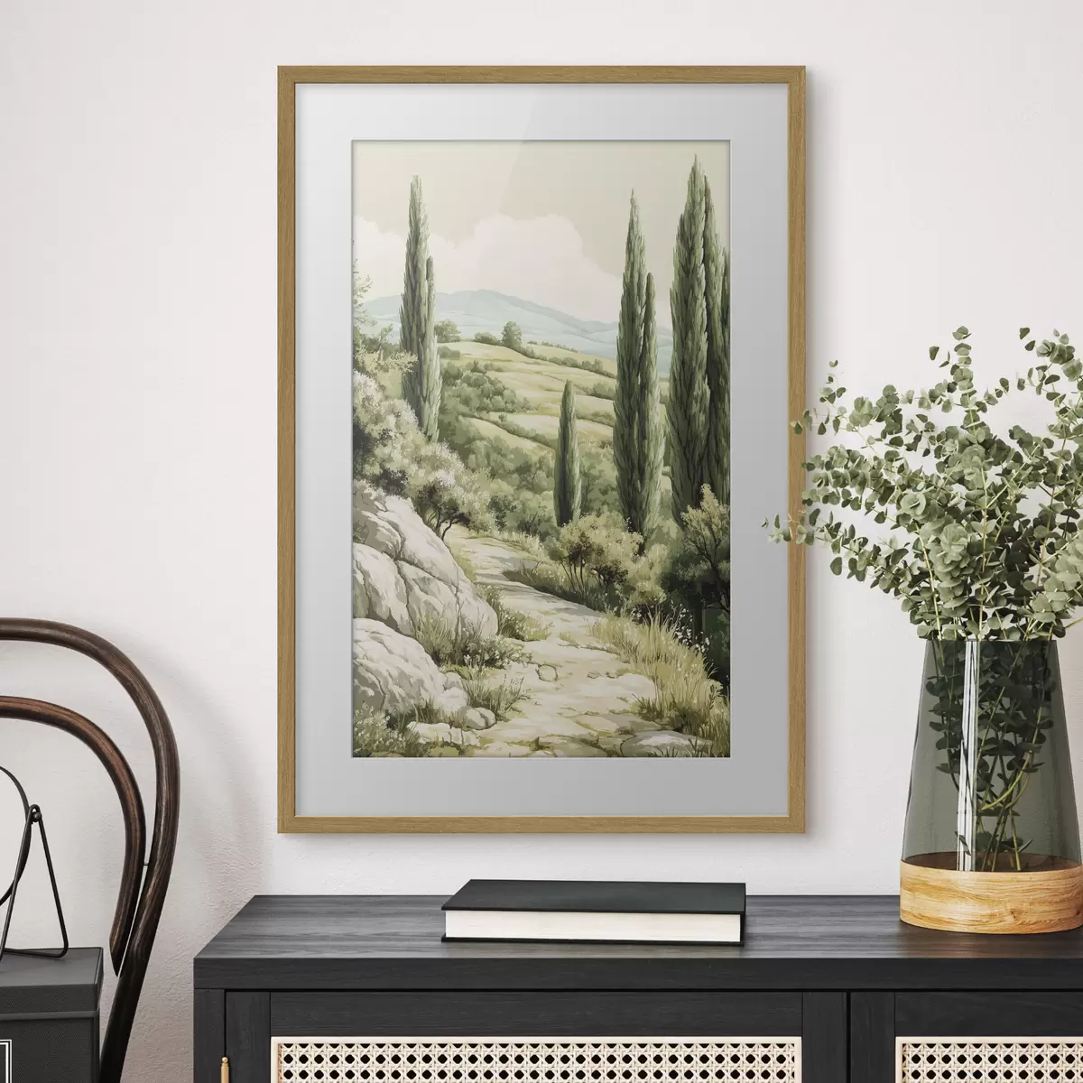 Poster Paysages d'été avec cyprès et collines verdoyantes, style rustique f44308