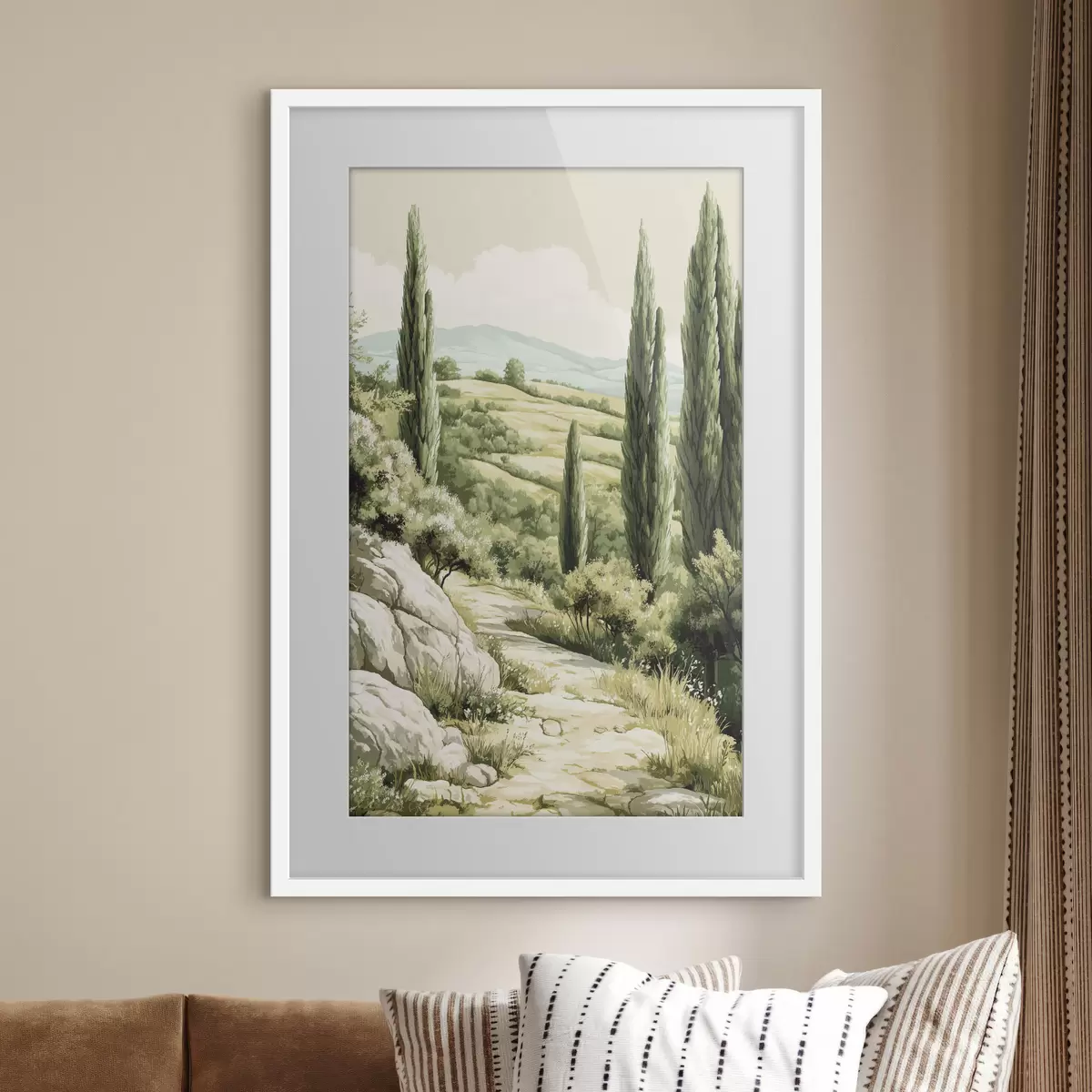 Poster Paysages d'été avec cyprès et collines verdoyantes, style rustique f44308