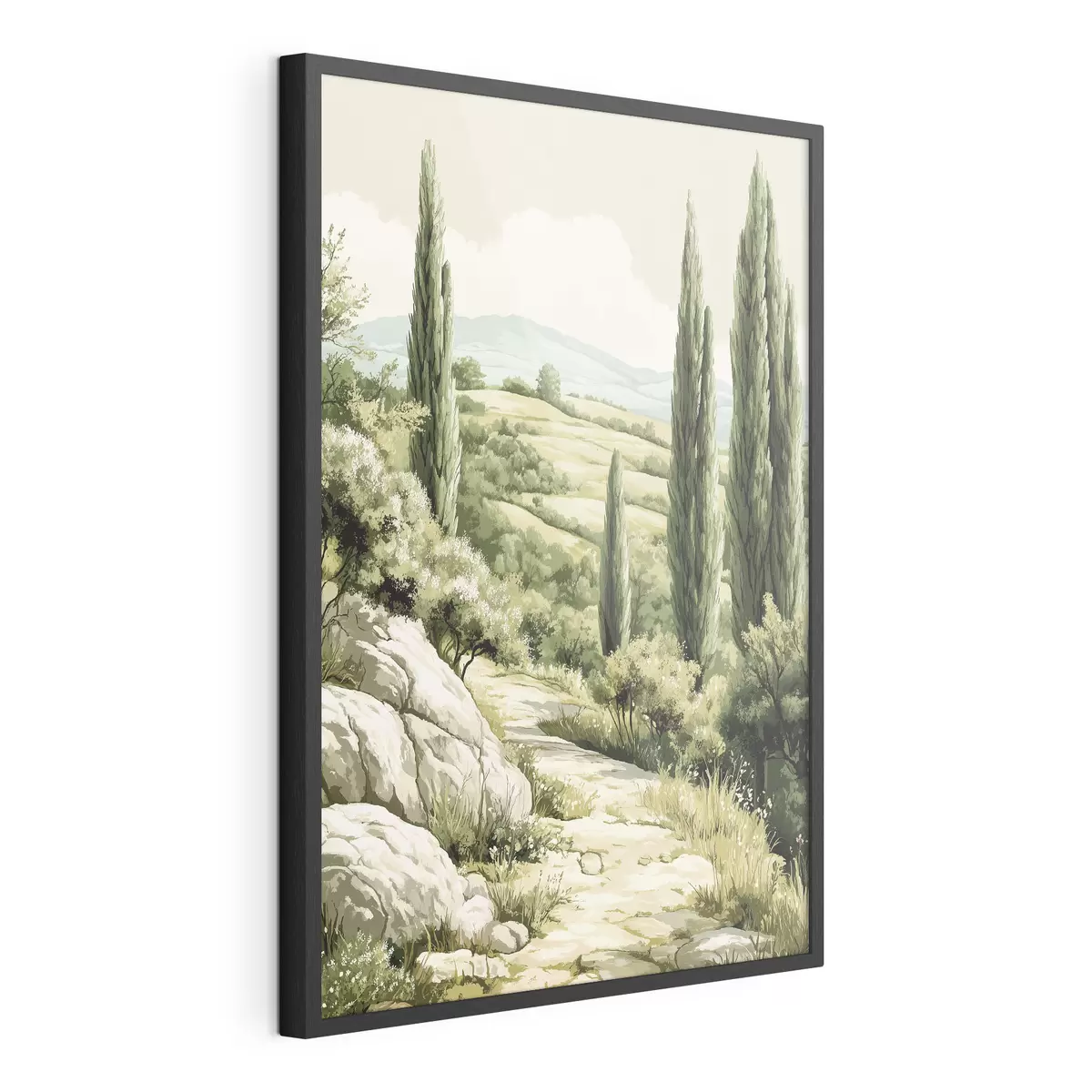 Poster Paysages d'été avec cyprès et collines verdoyantes, style rustique f44308