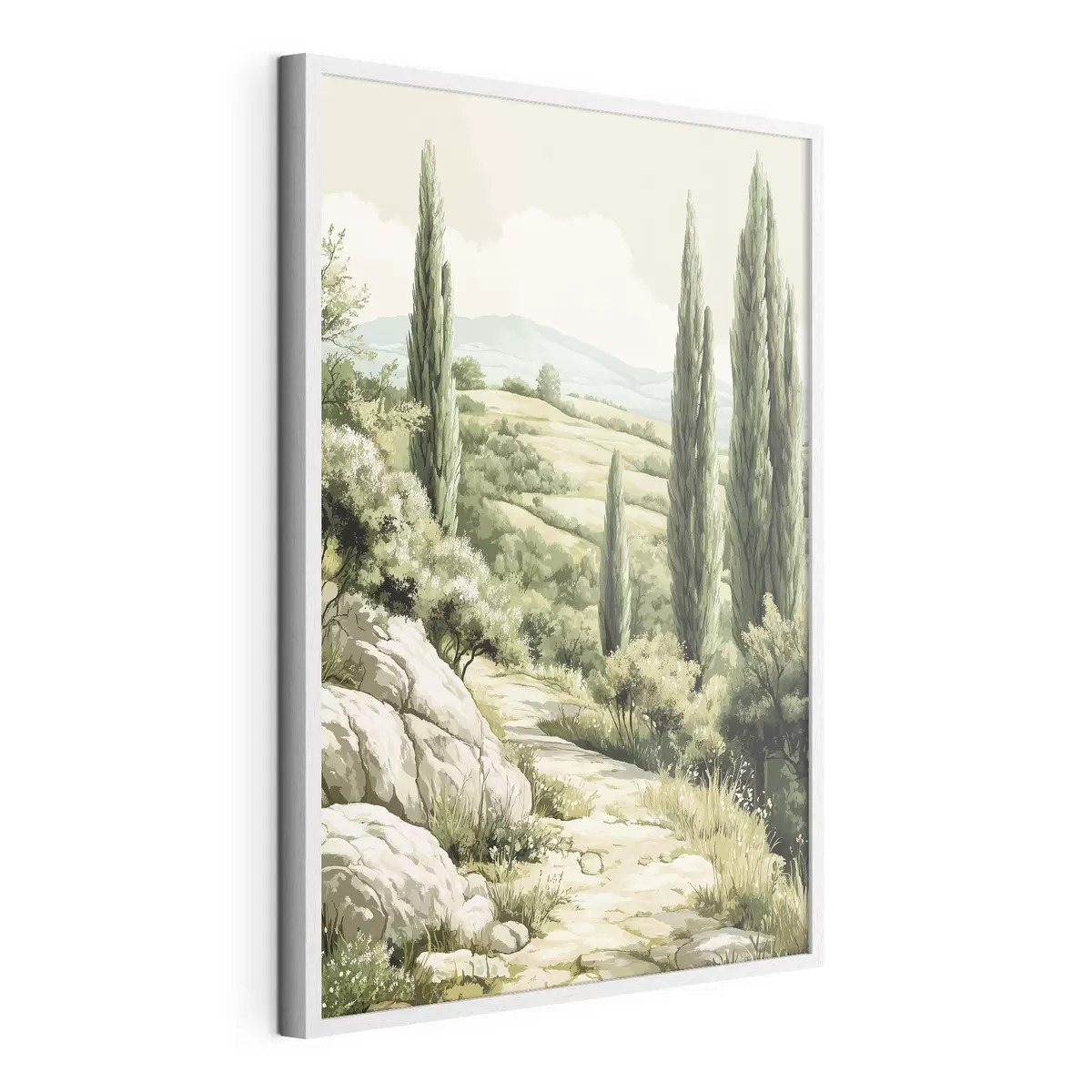 Poster Paysages d'été avec cyprès et collines verdoyantes, style rustique f44308