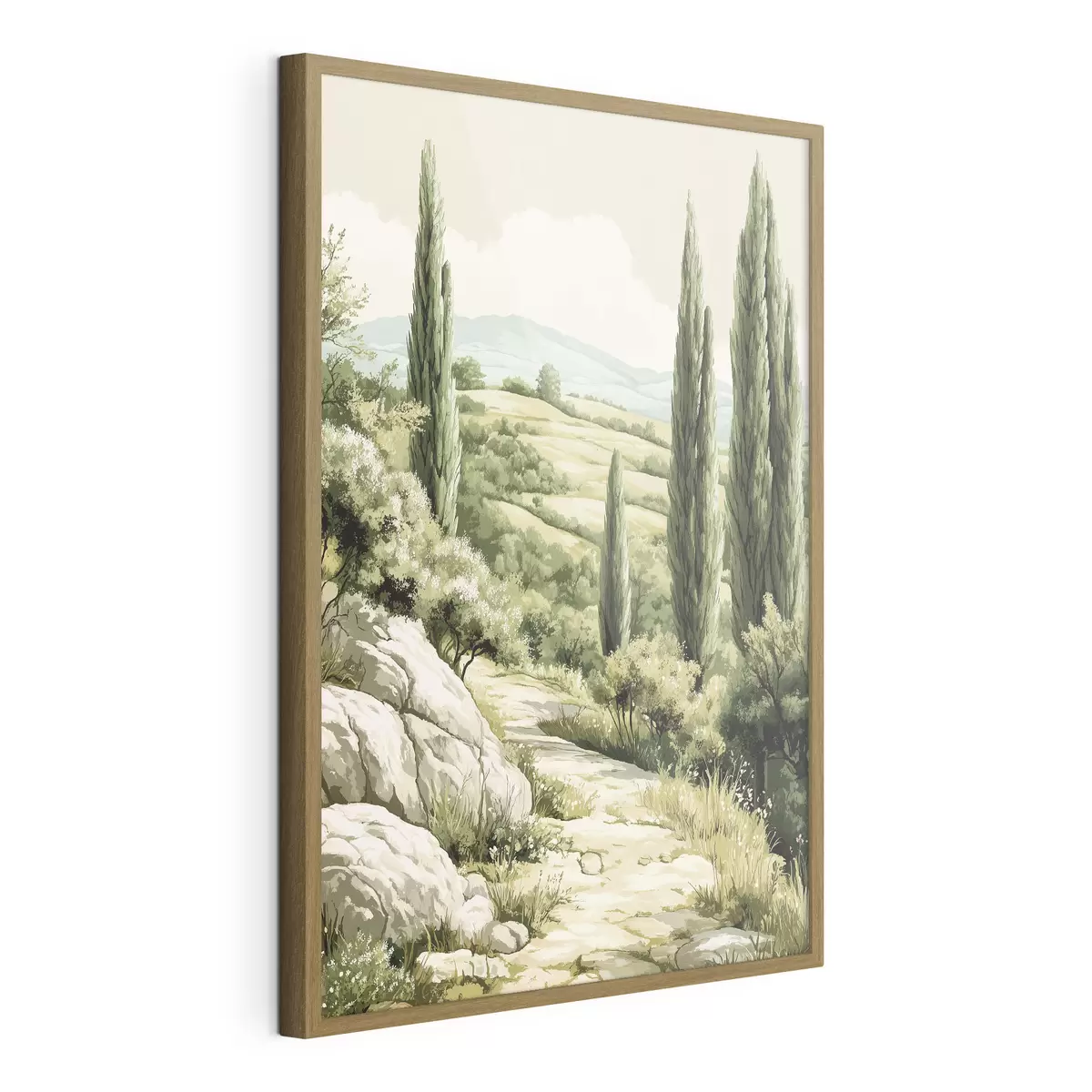 Poster Paysages d'été avec cyprès et collines verdoyantes, style rustique f44308