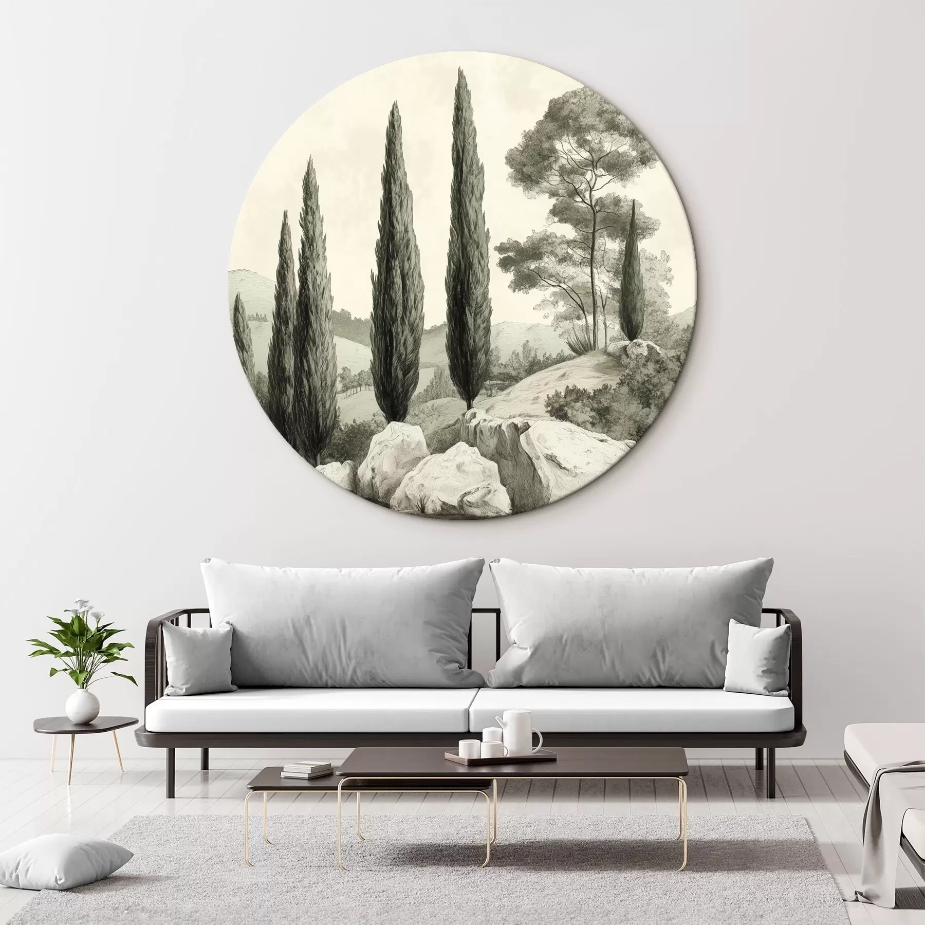 Tableau Paysages de Toscane, couleurs pastel, cyprès, rochers, style rustique r44307