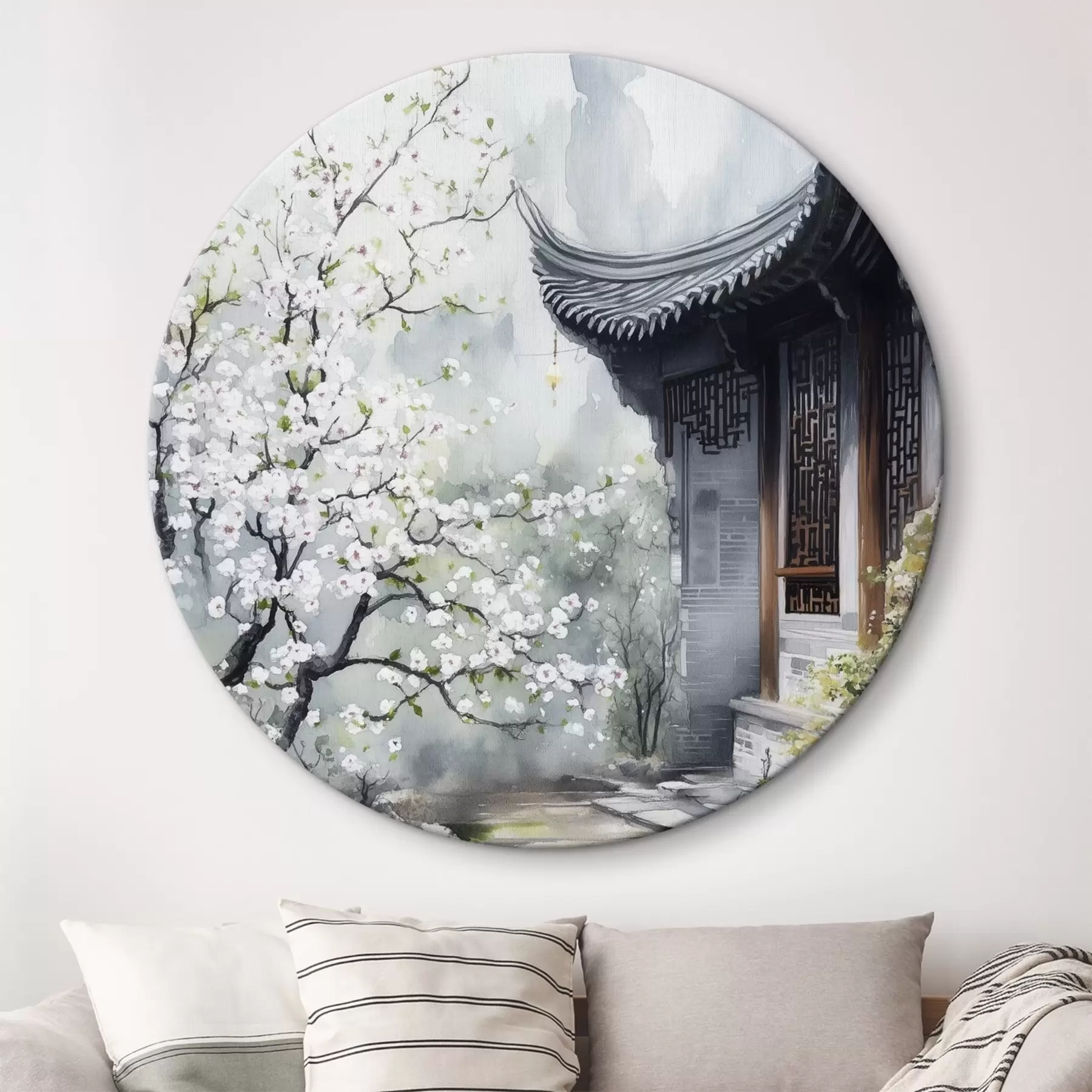 Tableau Jardin japonais avec cerisier et maison, oriental, style aquarelle r44309