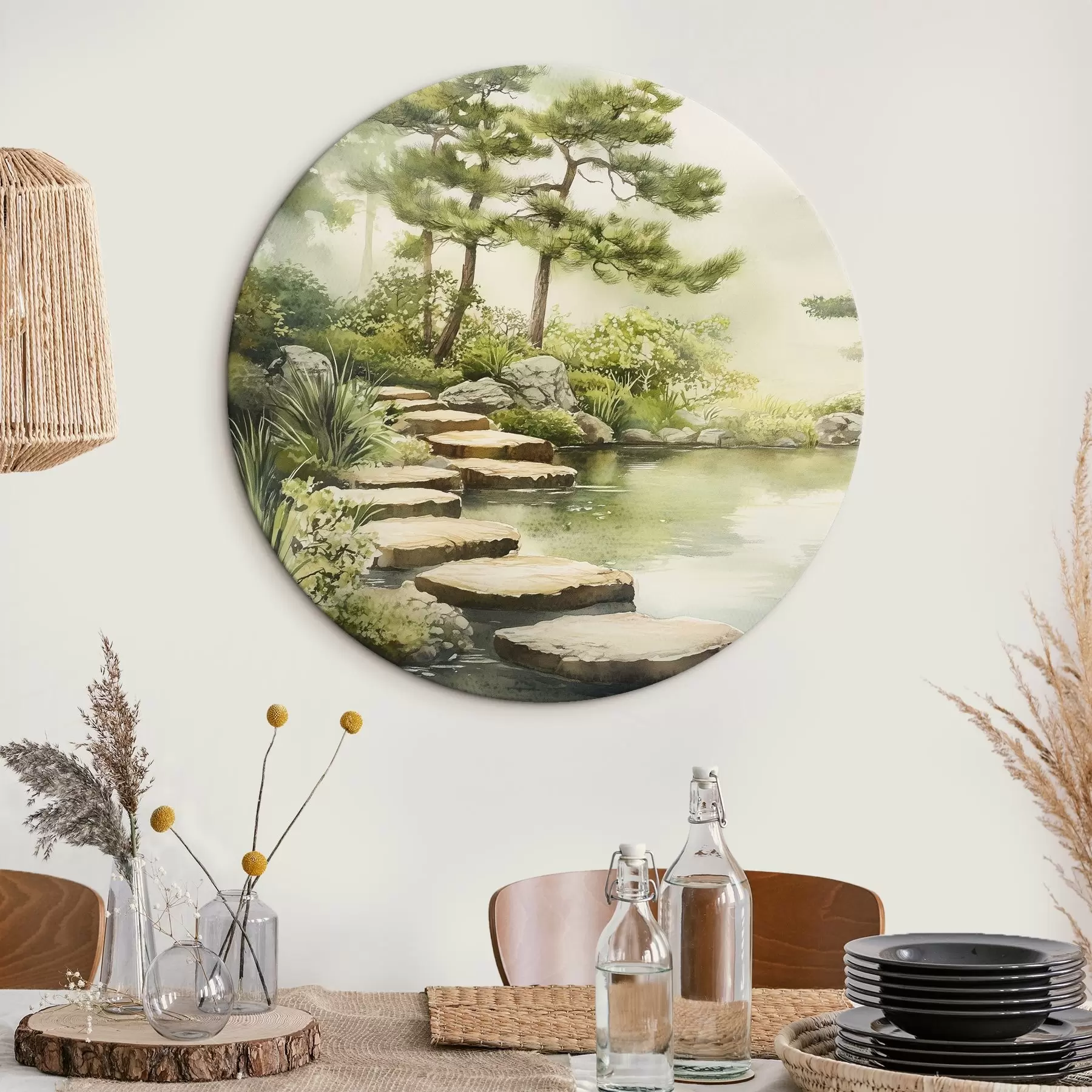 Tableau Jardin oriental avec lac et arbres, nature, style aquarelle r44313