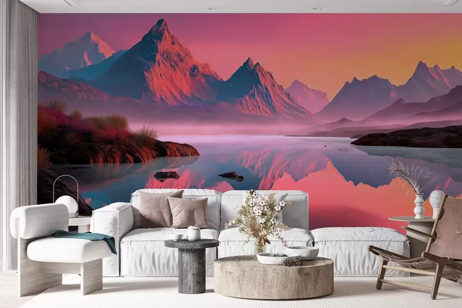 Papier peint Paysage romantique au coucher du soleil avec une rivière et des montagnes dans les tons roses w09093