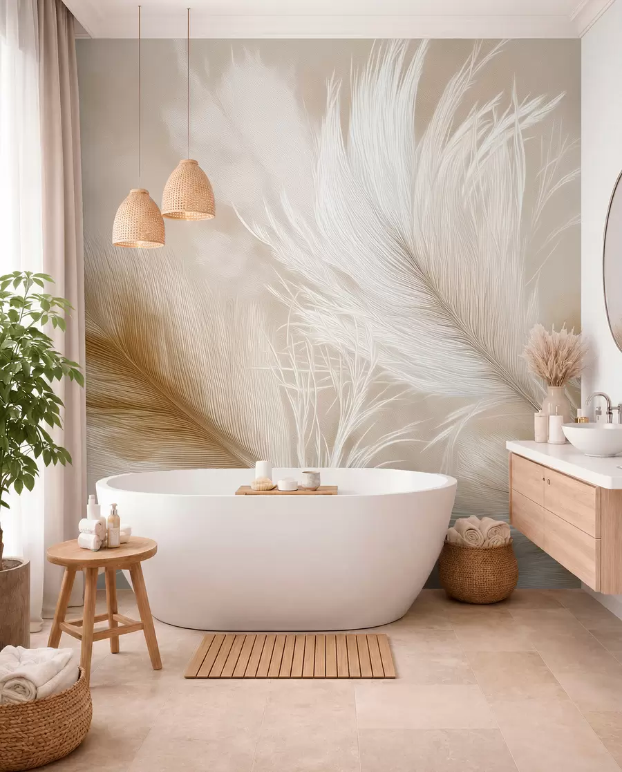 Papier peint Plumes aériennes volantes sur fond beige w09102