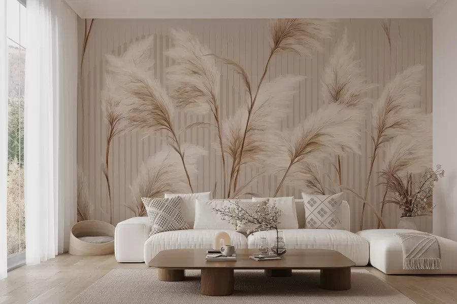 Papier peint Herbe de la pampa sur fond de lignes dans les tons beiges w09104