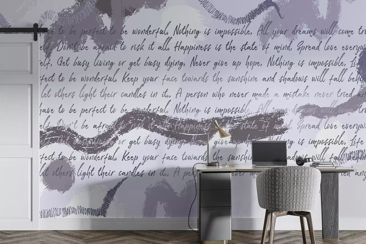 Papier peint Design avec citations inspirantes, abstraction, couleurs violettes w03909v2