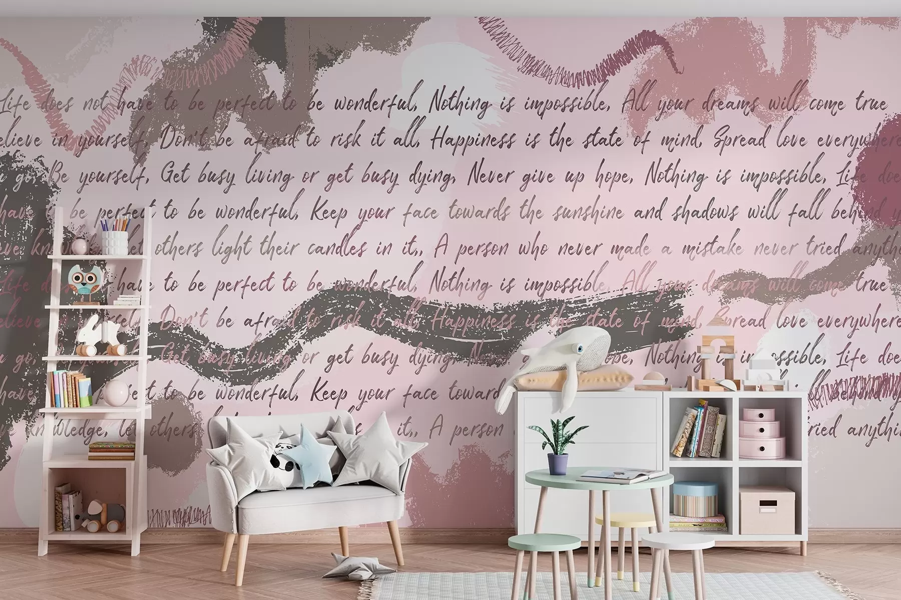 Papier peint Design avec citations inspirantes, abstraction, couleurs roses w03909v3